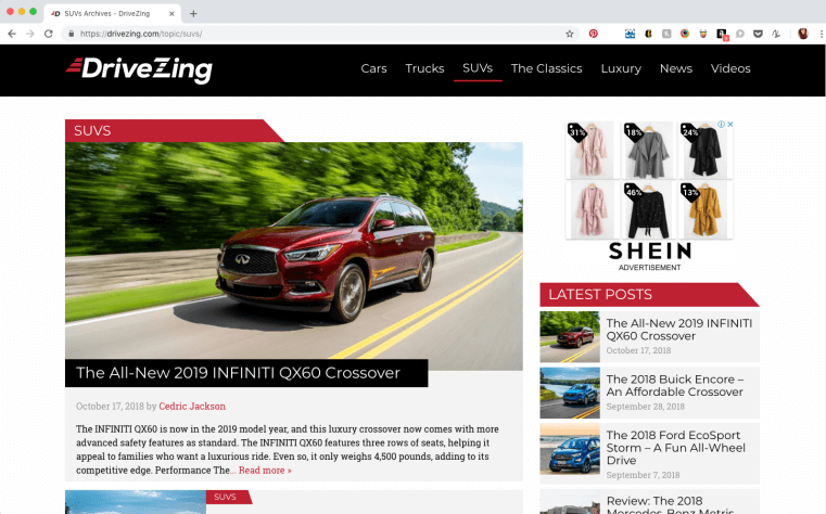 Screenshot of Drivezing.com website featuring an article about the 2019 INFINITI QX60 Crossover, with an image of an SUV and a sidebar with various sections.